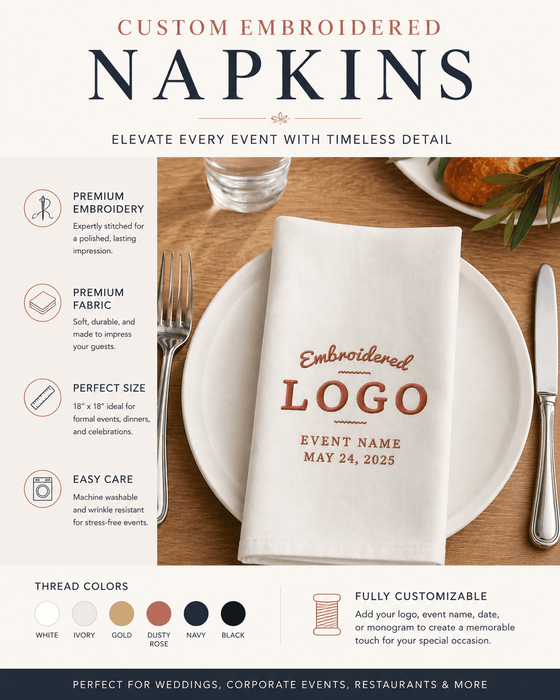 20 x 20 embroidery Custom Napkins With Logo, Single Sided Cloth Napkin