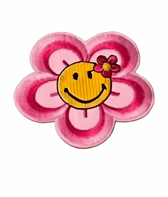 Pink flower smiley iron on patch