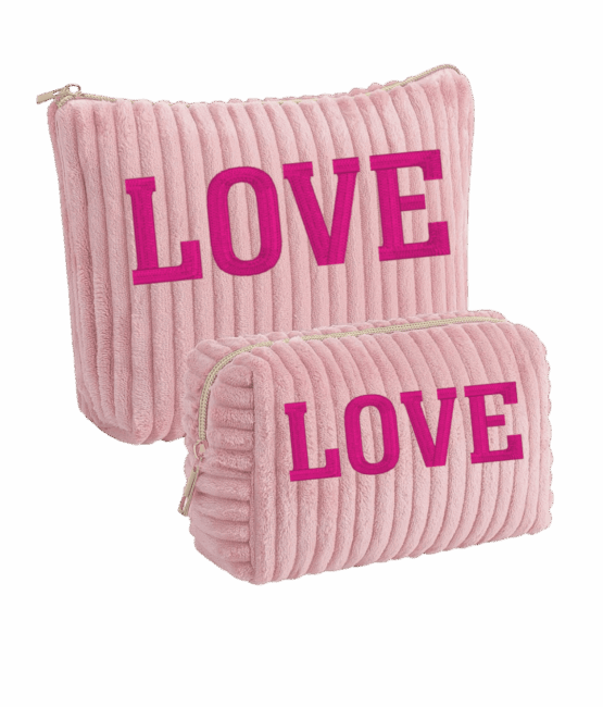 2pc Set Classic Monogram Text Fuzzy Pouch Personalized Waffle Cosmetic Bag