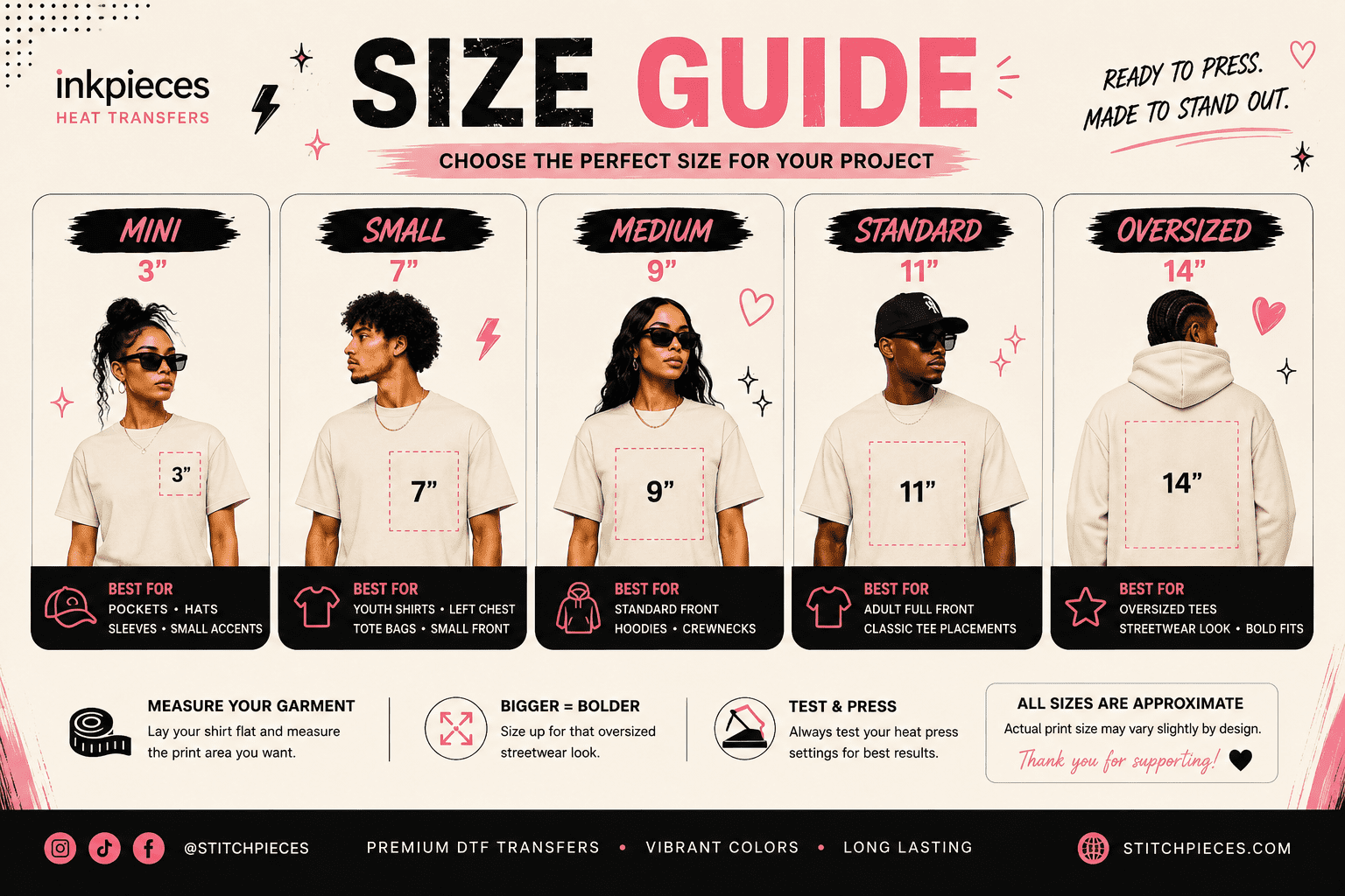 stitch pieces DTF size guide